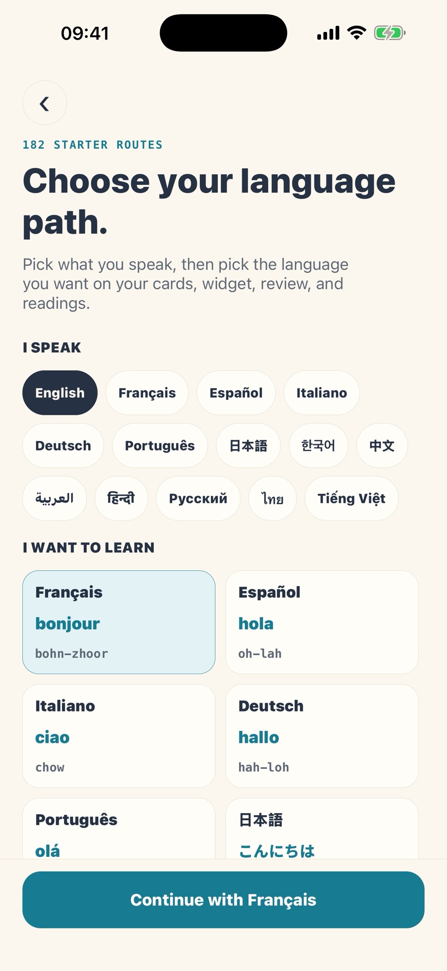 LingoGlint language selection with English as the learner language and French selected to learn