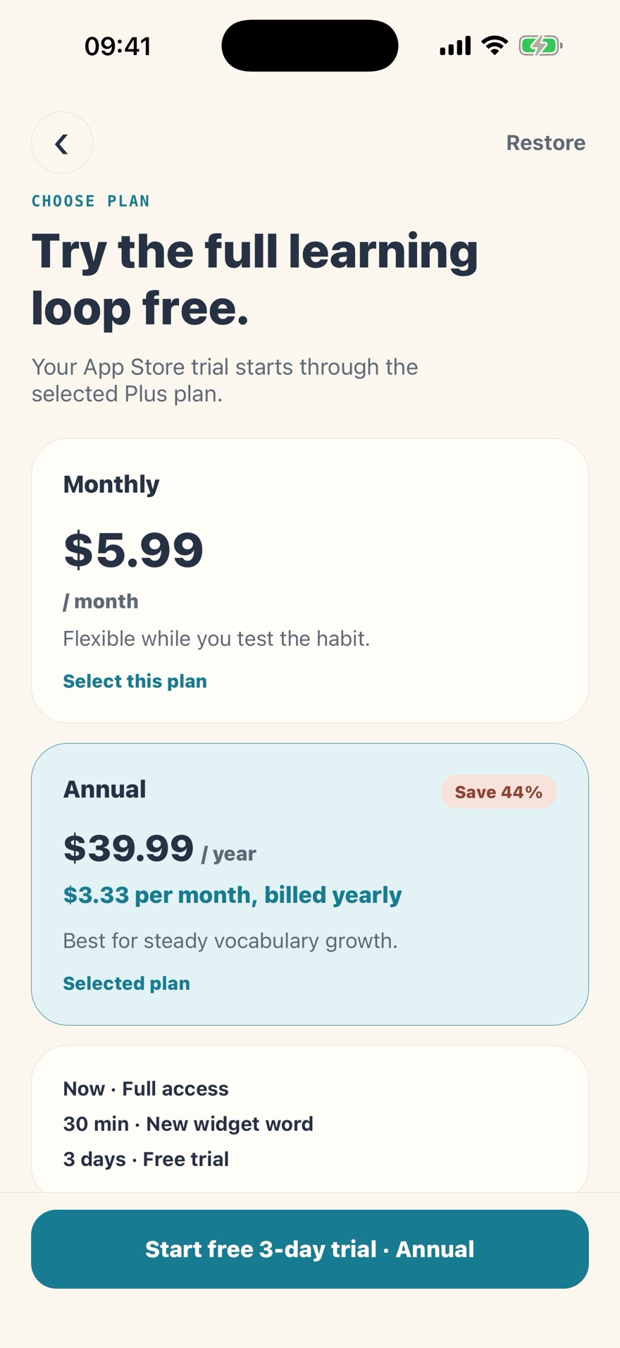 LingoGlint Plus plan selection showing $5.99 monthly and $39.99 annually with a 44 percent annual saving