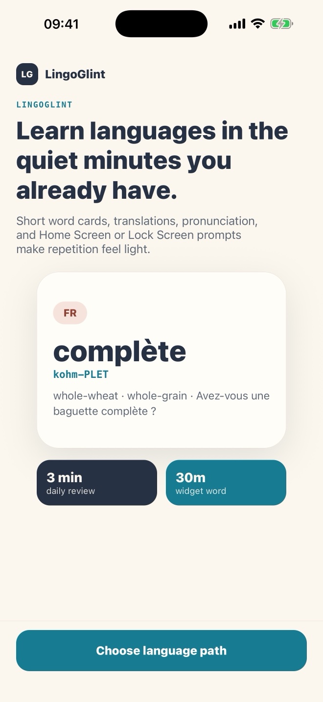 LingoGlint welcome screen with a French word example and a Choose language path button